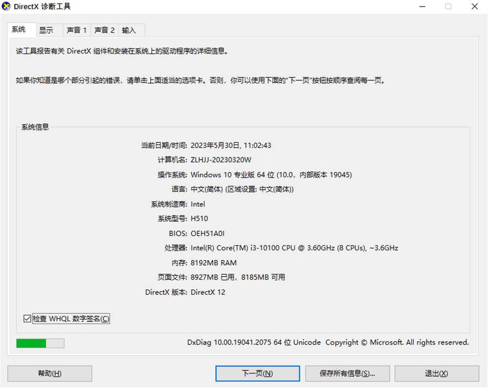 使用 DirectX 诊断工具查看详细信息